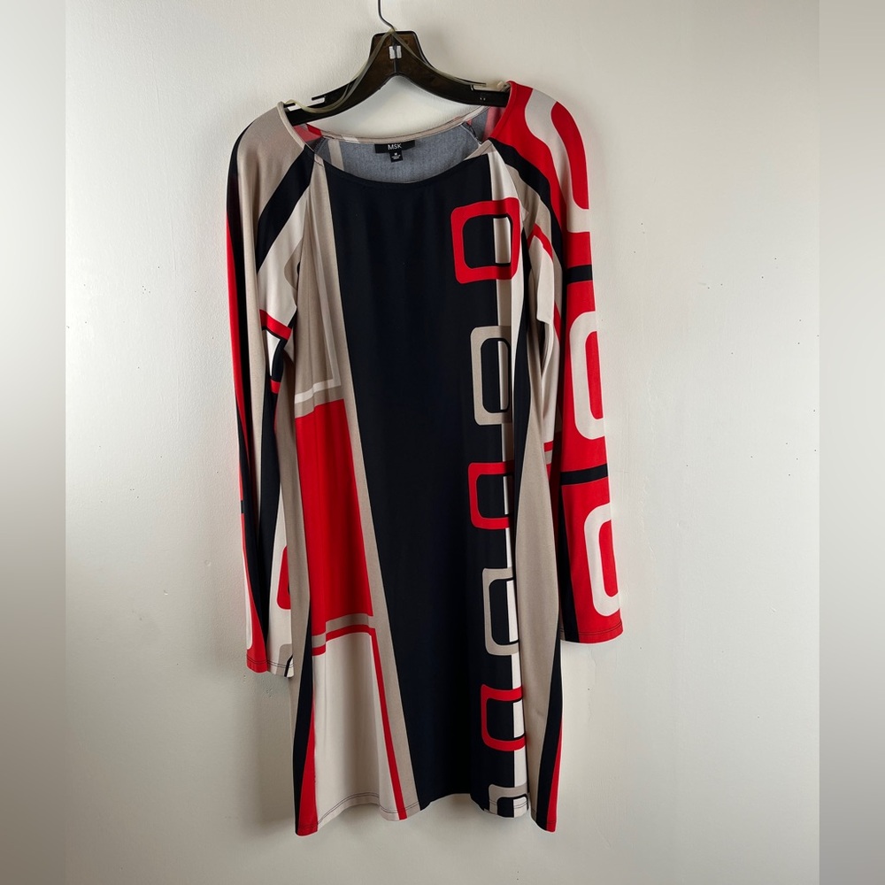 MSK Vintage Long-Sleeve Geometric Print Shift Dress